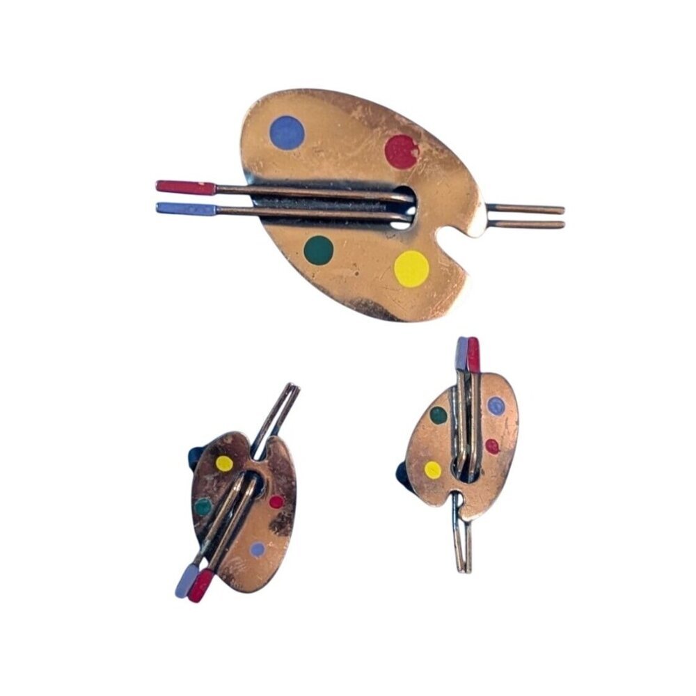 vtg  Artist Palette Pin clip earring Set  Enamel Dots & Paintbrush Design copper